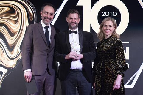 Cinema of the year - 24 screens and under winner Rio Dalston with presenter Jon Barrenechea, MUBI GO (left), and host Sally Phillips (right)